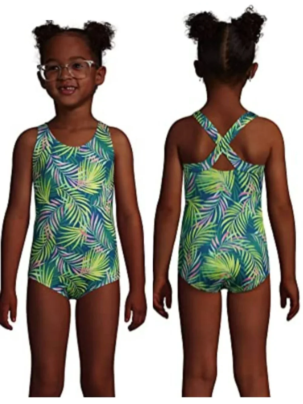 NWT Lands' End Baltic Teal Muti Palm One Piece SZ 4 UPF 50 Criss Cross Back🌴🌴